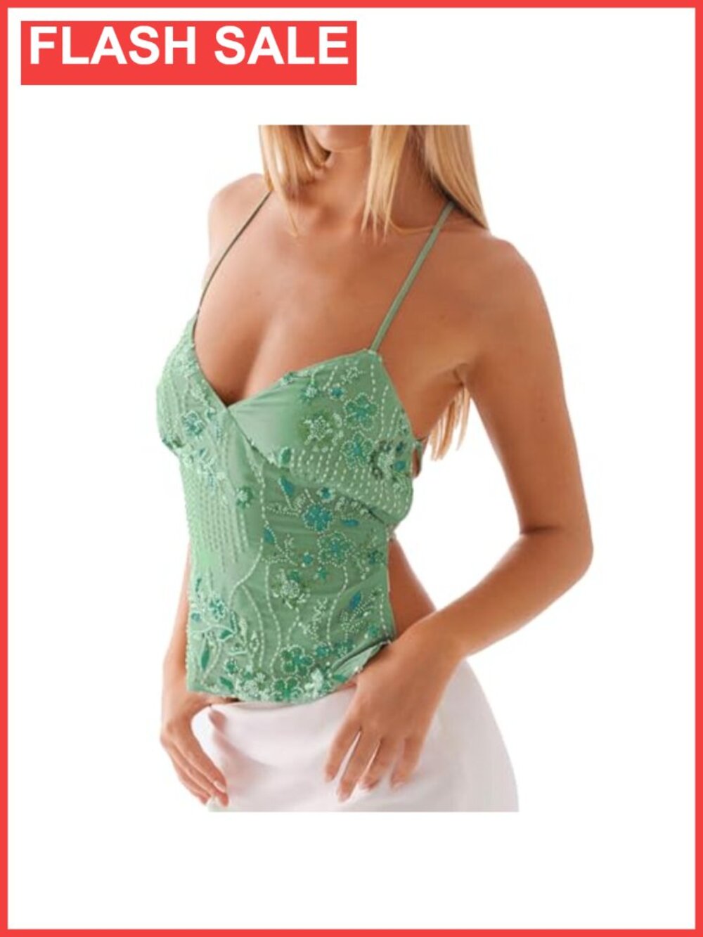 Sequin Beaded Cami Top V Neck Backless Criss Cross Straps Crop Top Clubwear